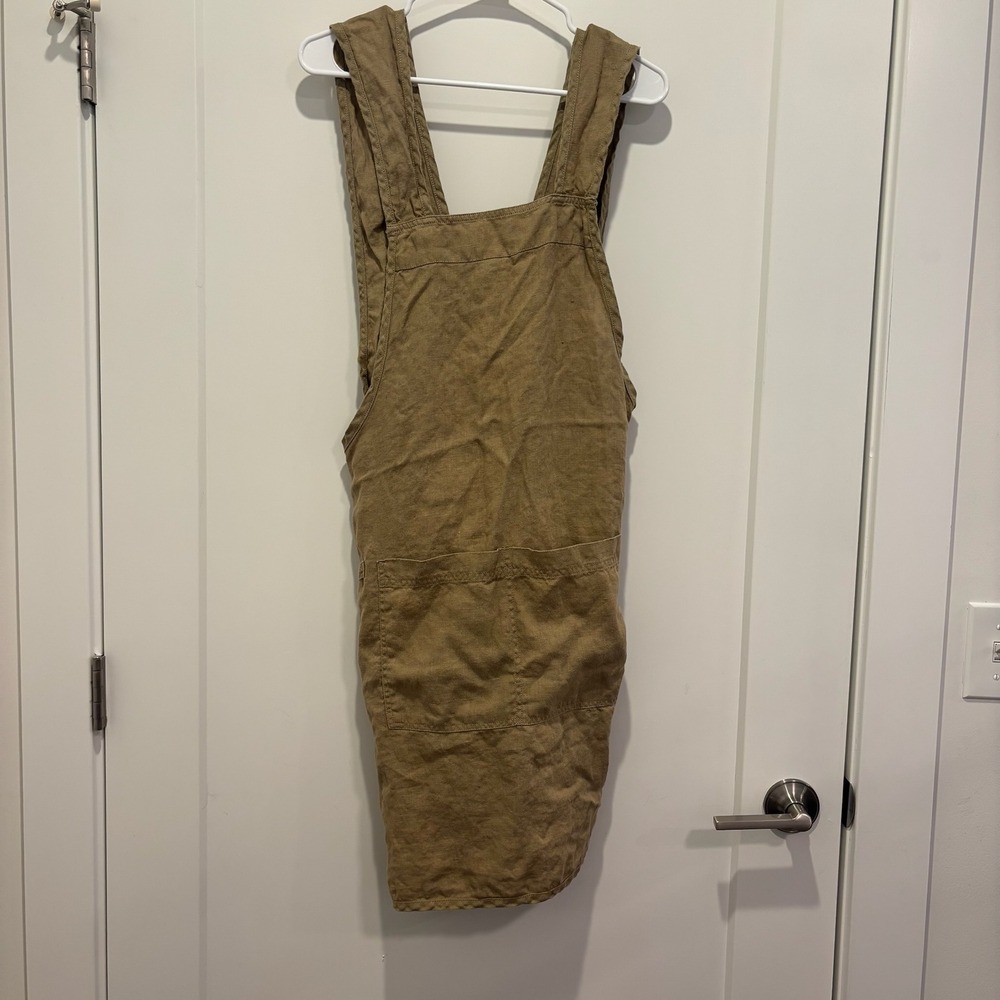 Trader Joe's Tan 100% Linen Pinafore Apron Cross Back No Tie Pockets Khaki Brown